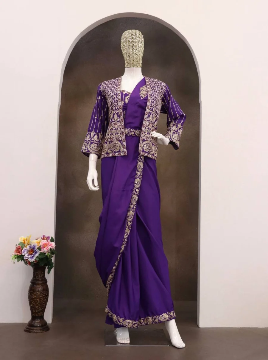 MODERN CREPE SILK EMBROIDERY SEQUENCE LACE WORK READY TO WEAR SAREE WITH STITCHED BLOUSE AND KOTI PARTY WEAR WHOLESALE PRICE ETHNIC GARMENT (17)