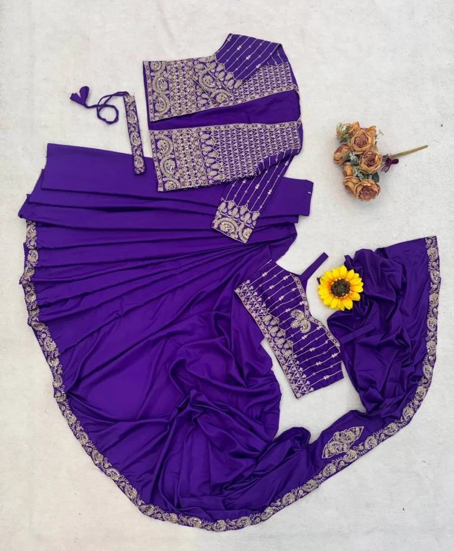 MODERN CREPE SILK EMBROIDERY SEQUENCE LACE WORK READY TO WEAR SAREE WITH STITCHED BLOUSE AND KOTI PARTY WEAR WHOLESALE PRICE ETHNIC GARMENT (27)