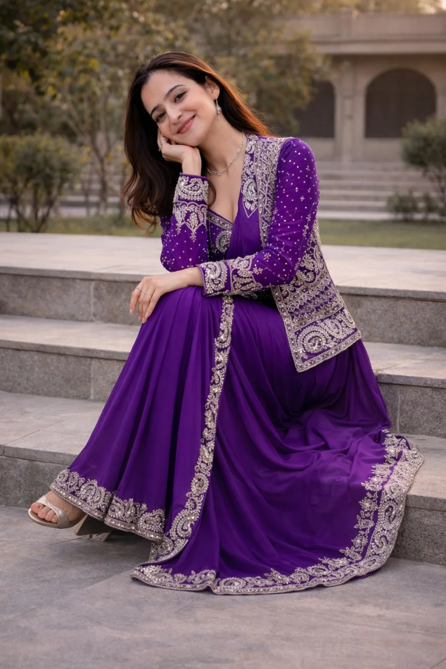 MODERN CREPE SILK EMBROIDERY SEQUENCE LACE WORK READY TO WEAR SAREE WITH STITCHED BLOUSE AND KOTI PARTY WEAR WHOLESALE PRICE ETHNIC GARMENT (7)