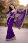 MODERN CREPE SILK EMBROIDERY SEQUENCE LACE WORK  READY TO WEAR SAREE WITH STITCHED BLOUSE AND KOTI PURPLE