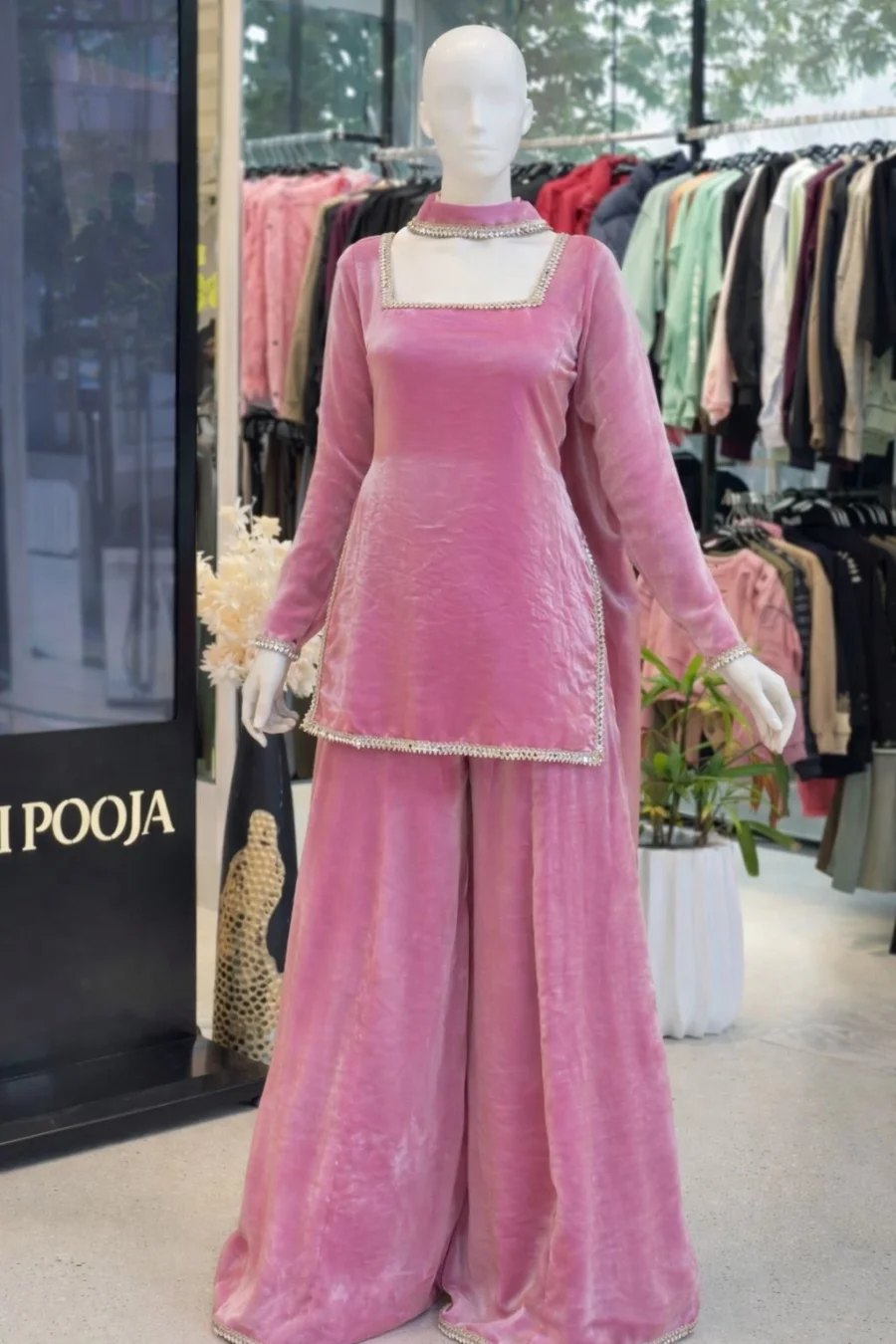 MODERN FENDY SATIN MIRROR WITH LACE BORDER WORK TOP PALAZZO WITH DUPATTA FESTIVE WEAR WHOLESALE PRICE ETHNIC GARMENT (4)
