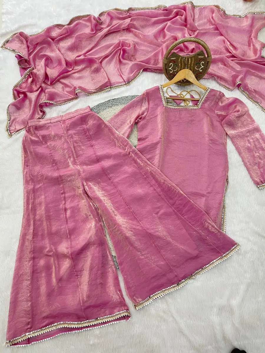 MODERN FENDY SATIN MIRROR WITH LACE BORDER WORK TOP PALAZZO WITH DUPATTA FESTIVE WEAR WHOLESALE PRICE ETHNIC GARMENT (5)