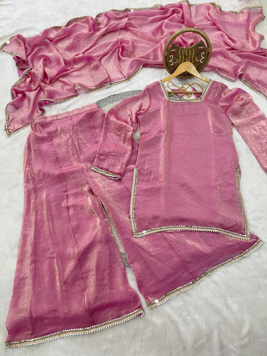 MODERN FENDY SATIN MIRROR WITH LACE BORDER WORK TOP PALAZZO WITH DUPATTA FESTIVE WEAR WHOLESALE PRICE ETHNIC GARMENT (7)