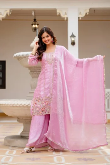 MODERN FENDY SILK BEADS WORK TOP PALAZZO WITH DUPATTA BABY PINK