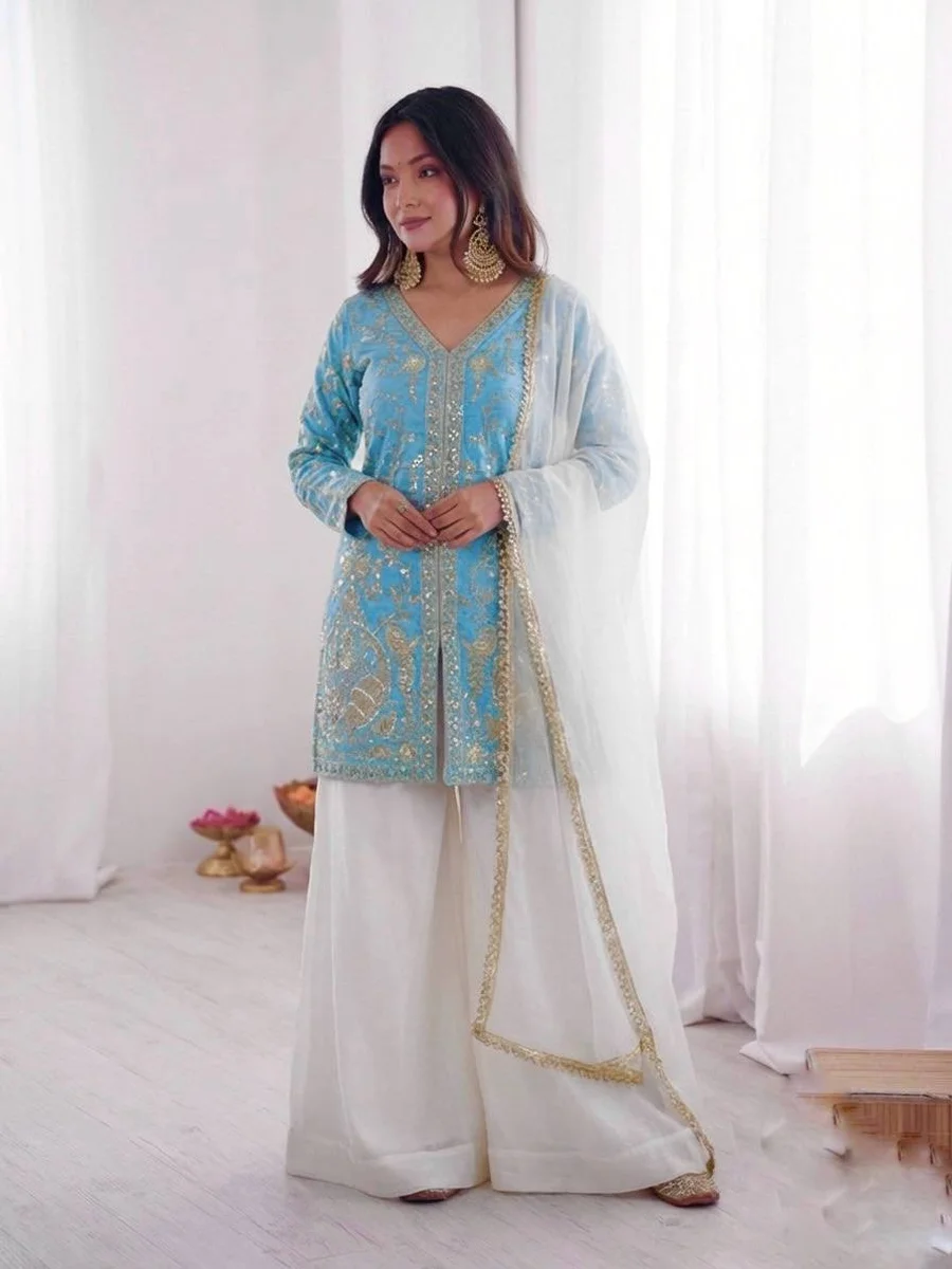 MODERN FENDY SILK EMBROIDERY SEQUENCE WORK TOP PALAZZO WITH DUPATTA FESTIVE WEAR WHOLESALE PRICE ETHNIC GARMENT (2)