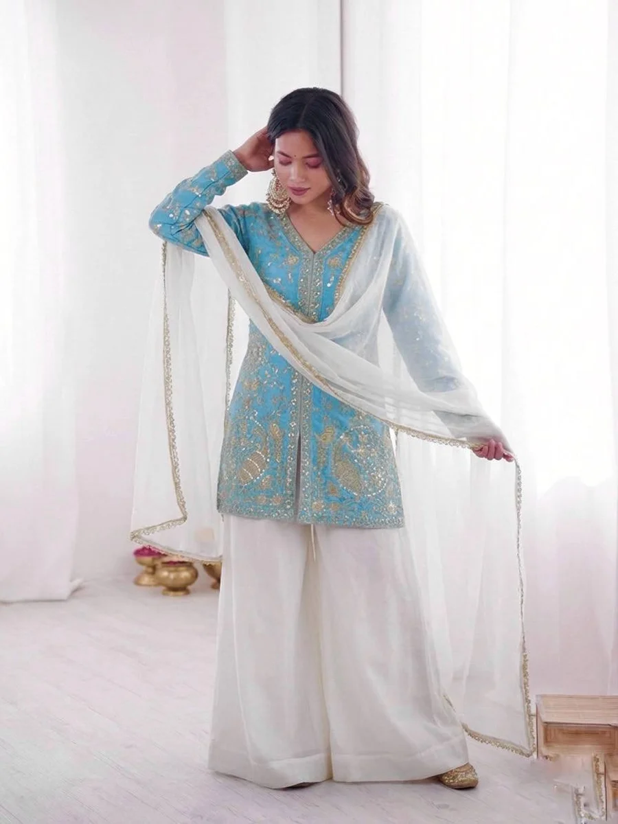 MODERN FENDY SILK EMBROIDERY SEQUENCE WORK TOP PALAZZO WITH DUPATTA FESTIVE WEAR WHOLESALE PRICE ETHNIC GARMENT (7)