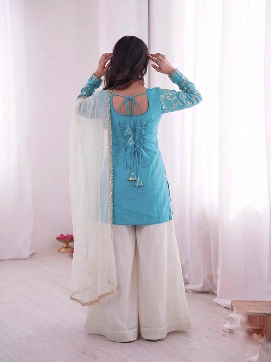 MODERN FENDY SILK EMBROIDERY SEQUENCE WORK TOP PALAZZO WITH DUPATTA FESTIVE WEAR WHOLESALE PRICE ETHNIC GARMENT (9)