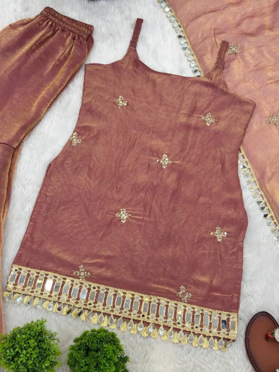 MODERN FENDY SILK EMBROIDERY SEQUENCE WORK WITH REAL MIRROR WORK TOP SHARARA WITH DUPATTA FESTIVE WEAR WHOLESALE PRICE ETHNIC GARMENT (11)