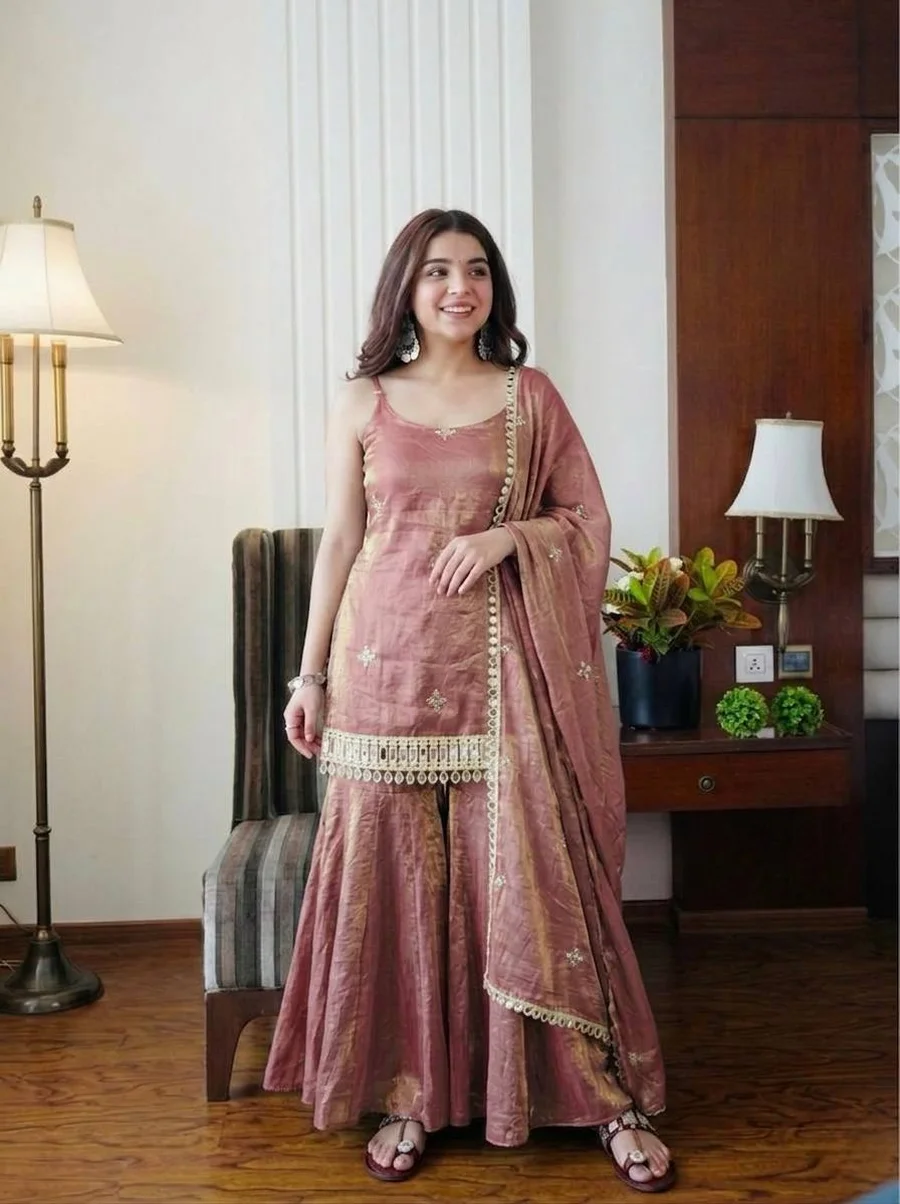 MODERN FENDY SILK EMBROIDERY SEQUENCE WORK WITH REAL MIRROR WORK TOP SHARARA WITH DUPATTA FESTIVE WEAR WHOLESALE PRICE ETHNIC GARMENT (12)