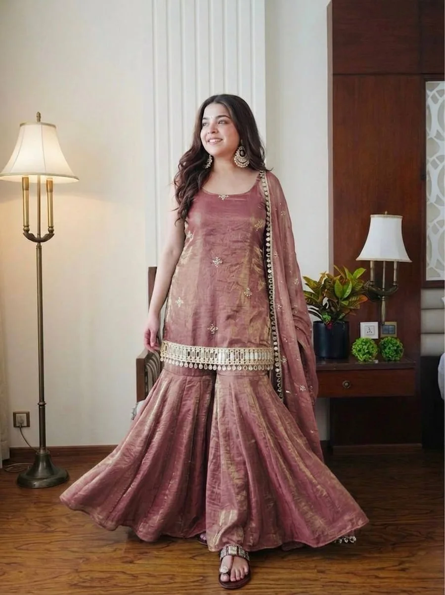 MODERN FENDY SILK EMBROIDERY SEQUENCE WORK WITH REAL MIRROR WORK TOP SHARARA WITH DUPATTA FESTIVE WEAR WHOLESALE PRICE ETHNIC GARMENT (13)