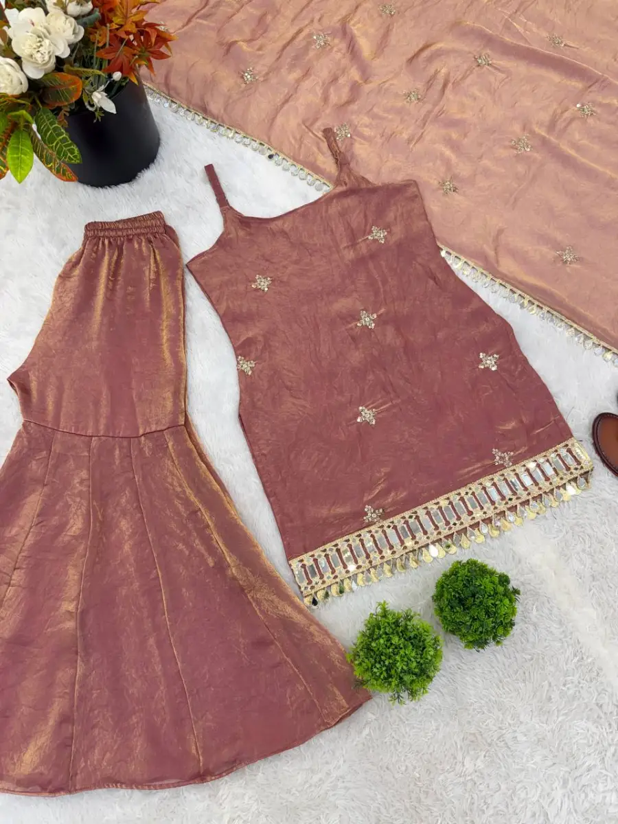 MODERN FENDY SILK EMBROIDERY SEQUENCE WORK WITH REAL MIRROR WORK TOP SHARARA WITH DUPATTA FESTIVE WEAR WHOLESALE PRICE ETHNIC GARMENT (16)