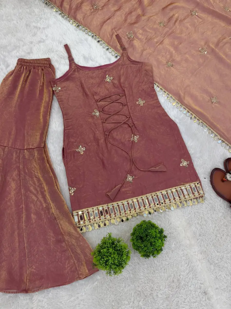 MODERN FENDY SILK EMBROIDERY SEQUENCE WORK WITH REAL MIRROR WORK TOP SHARARA WITH DUPATTA FESTIVE WEAR WHOLESALE PRICE ETHNIC GARMENT (21)