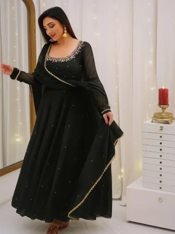 MODERN GEORGETTE BEADS WORK WITH EMBROIDERY BUTTI WORK GOWN BOTTOM WITH DUPATTA BLACK