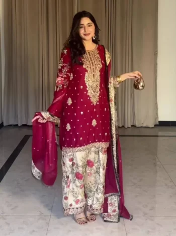 MODERN GEORGETTE EMBROIDERY 5 MM SEQUENCE WORK TOP PATIYALA WITH DUPATTA RED