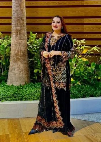 MODERN GEORGETTE EMBROIDERY SEQUENCE WITH FANCY LATKAN WORK TOP PALAZZO WITH DUPATTA BLACK