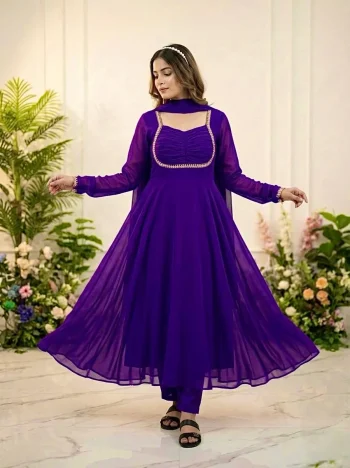 MODERN GEORGETTE RAMBO  SEQUENCE EMBROIDERY MOTI WORK GOWN BOTTOM WITH DUPATTA PURPLE