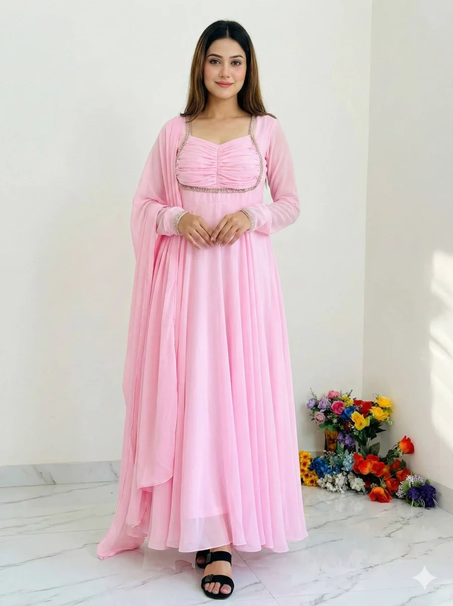 MODERN GEORGETTE RAMBO SEQUENCE EMBROIDERY MOTI WORK GOWN BOTTOM WITH DUPATTA FESTIVE WEAR WHOLESALE PRICE ETHNIC GARMENT (2)