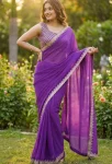 MODERN GEORGETTE SEQUENCE WITH CUT WORK BORDER SAREE WITH STITCHED BLOUSE PURPLE
