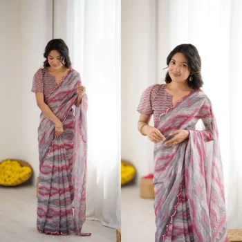 MODERN GEORGETTE SILK PRINTED WITH MIRROR BORDER WORK SAREE WITH UNSTITCHED BLOUSE GREY AND RED