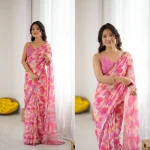 MODERN GEORGETTE SILK PRINTED WITH MIRROR BORDER WORK SAREE WITH UNSTITCHED BLOUSE PINK