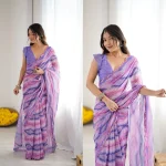 MODERN GEORGETTE SILK PRINTED WITH MIRROR BORDER WORK SAREE WITH UNSTITCHED BLOUSE PURPLE