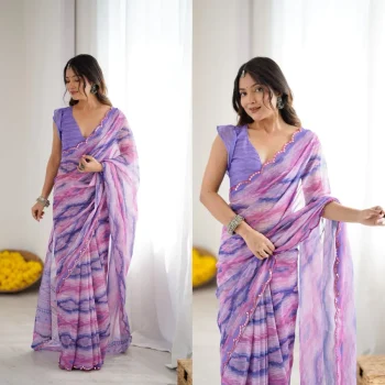 MODERN GEORGETTE SILK PRINTED WITH MIRROR BORDER WORK SAREE WITH UNSTITCHED BLOUSE PURPLE