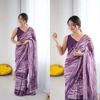 MODERN GEORGETTE SILK PRINTED WITH MIRROR BORDER WORK SAREE WITH UNSTITCHED BLOUSE WINE