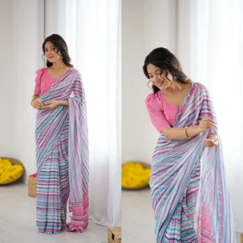 MODERN GEORGETTE SILK PRINTED WITH MIRROR BORDER WORK SAREE WITH UNSTITCHED BLOUSE BLUE