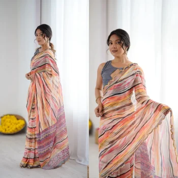 MODERN GEORGETTE SILK PRINTED WITH MIRROR BORDER WORK SAREE WITH UNSTITCHED BLOUSE YELLOW
