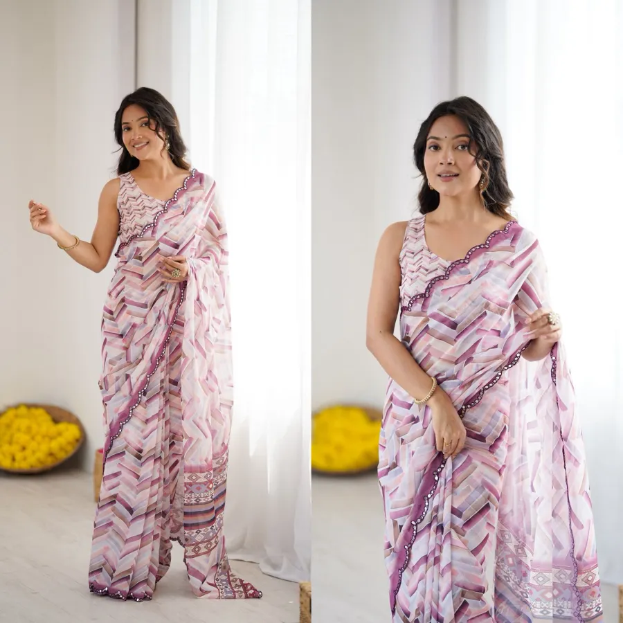 MODERN GEORGETTE SILK PRINTED WITH MIRROR BORDER WORK SAREE WITH UNSTITCHED BLOUSE FESTIVE WEAR WHOLESALE PRICE ETHNIC GARMENT (7)