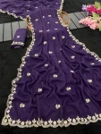 MODERN GEORGETTE ZARI THREAD AND HAND WORK STONE SAREE WITH UNSTITCHED BLOUSE PURPLE