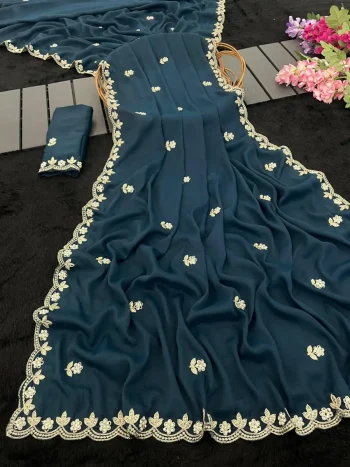 MODERN GEORGETTE ZARI THREAD AND HAND WORK STONE SAREE WITH UNSTITCHED BLOUSE TEAL