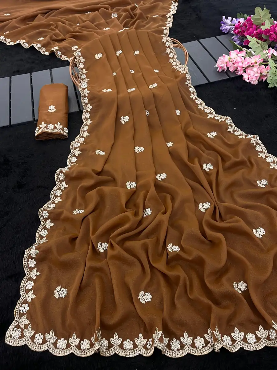 MODERN GEORGETTE ZARI THREAD AND HAND WORK STONE SAREE WITH UNSTITCHED BLOUSE FESTIVE WEAR WHOLESALE PRICE ETHNIC GARMENT (3)