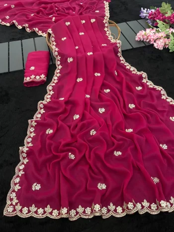 MODERN GEORGETTE ZARI THREAD AND HAND WORK STONE SAREE WITH UNSTITCHED BLOUSE PINK