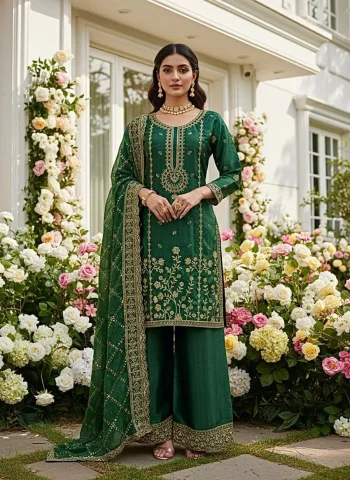 MODERN GMMY SILK EMBROIDERY AND SEQUENCE WORK TOP PALAZZO WITH DUPATTA GREEN