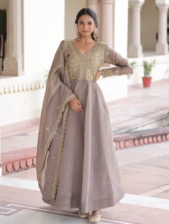 MODERN GOLD CRUSH SEQUENCE & ZARI EMBROIDERY WORK GOWN WITH DUPATTA GREY