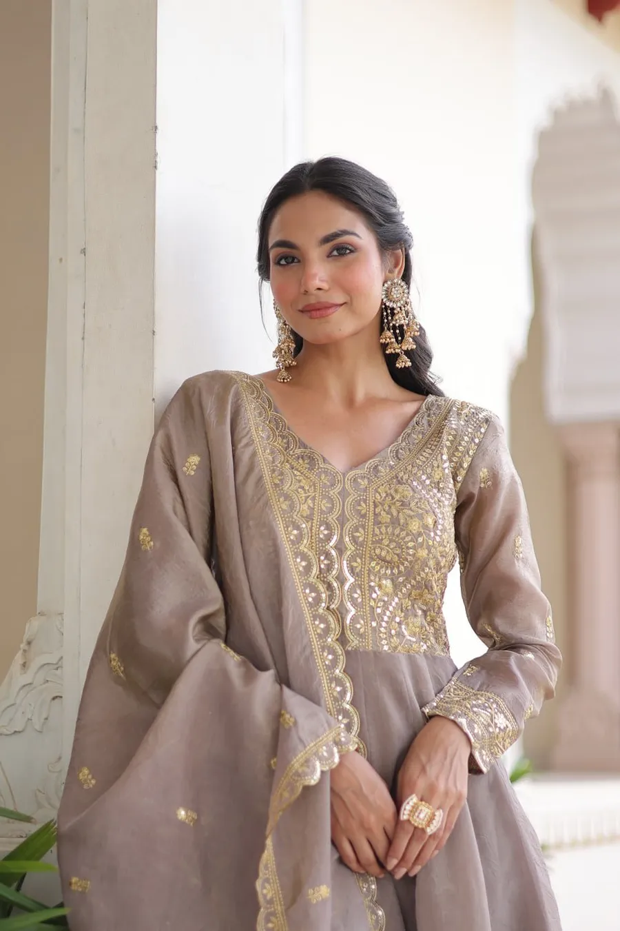 MODERN GOLD CRUSH SEQUENCE & ZARI EMBROIDERY WORK GOWN WITH DUPATTA FESTIVE WEAR WHOLESALE PRICE ETHNIC GARMENT (8)