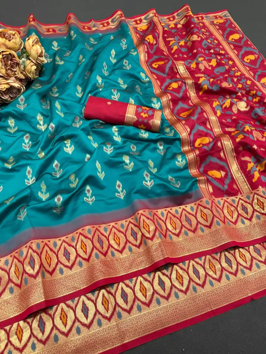 MODERN IKKAT SILK FLOWERS AND MINA & ZARI WEAVING BORDER WORK SAREE WITH UNSTITCHED BLOUSE FESTIVE WEAR WHOLESALE PRICE ETHNIC GARMENT (1)
