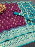 MODERN IKKAT SILK FLOWERS AND MINA & ZARI WEAVING  BORDER WORK SAREE WITH UNSTITCHED BLOUSE WINE