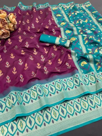 MODERN IKKAT SILK FLOWERS AND MINA & ZARI WEAVING  BORDER WORK SAREE WITH UNSTITCHED BLOUSE WINE