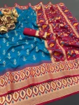MODERN IKKAT SILK FLOWERS AND MINA & ZARI WEAVING  BORDER WORK SAREE WITH UNSTITCHED BLOUSE TEAL