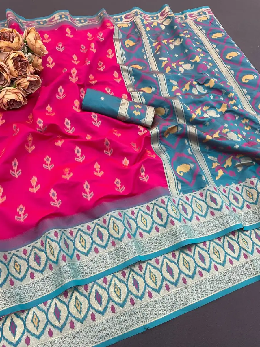 MODERN IKKAT SILK FLOWERS AND MINA & ZARI WEAVING BORDER WORK SAREE WITH UNSTITCHED BLOUSE FESTIVE WEAR WHOLESALE PRICE ETHNIC GARMENT (5)