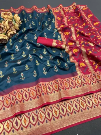 MODERN IKKAT SILK FLOWERS AND MINA & ZARI WEAVING  BORDER WORK SAREE WITH UNSTITCHED BLOUSE MORPICH