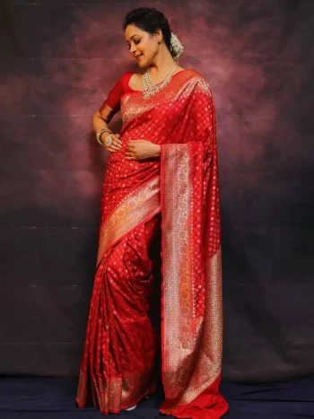 MODERN LICHI SILK JACQUARD WORK SAREE WITH UNSTITCHED BLOUSE RED