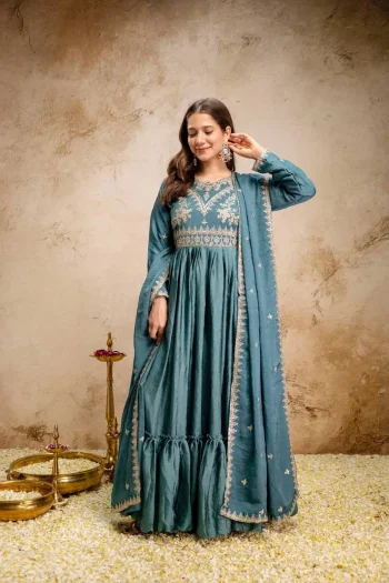 MODERN RANGOLI CRUSH EMBROIDERY AND SEQUENCE WORK GOWN WITH DUPATTA RAMA