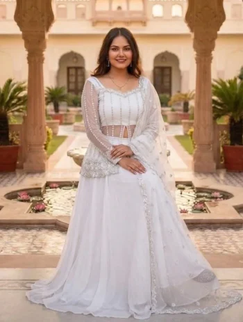 MODERN RANGOLI SILK EMBROIDERY WORK LEHENGA KOTI WITH DUPATTA WHITE
