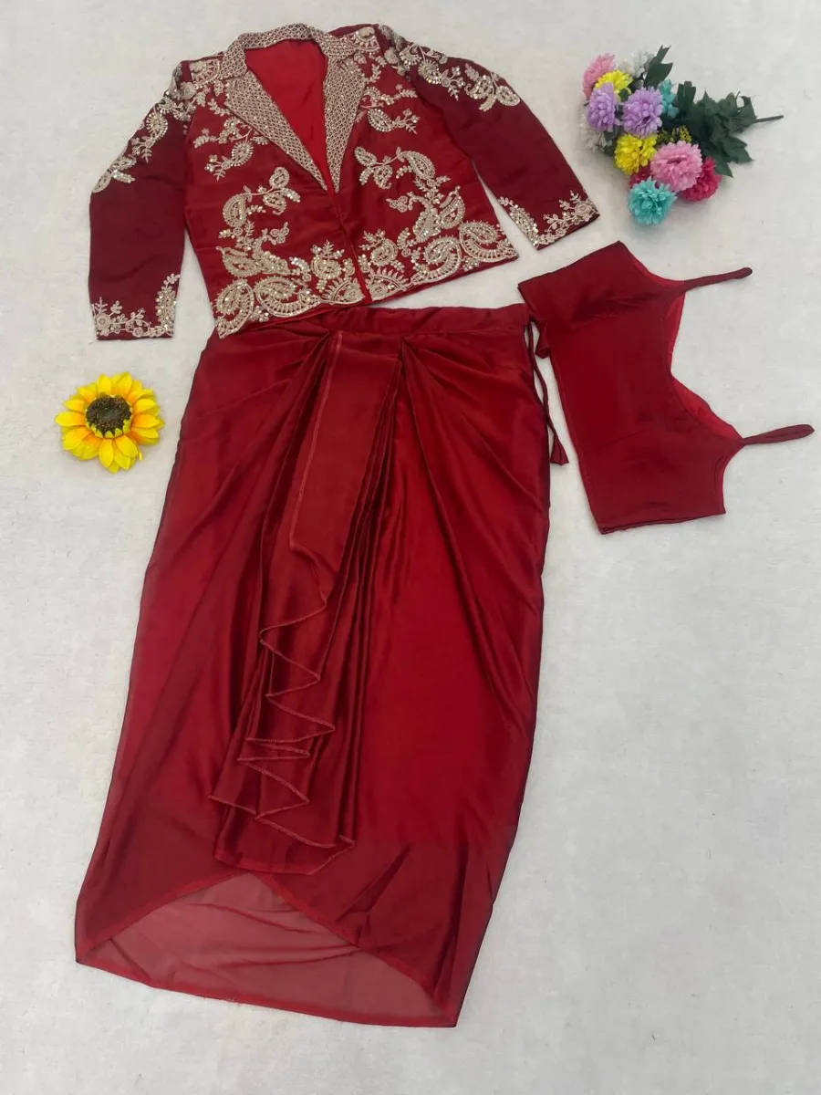MODERN RANGOLI SILK PLAIN DRAPED SKIRT BLOUSE WITH EMBROIDERY MULTI THREAD SEQUENCE WORK KOTI PARTY WEAR WHOLESALE PRICE ETHNIC GARMENT (1)