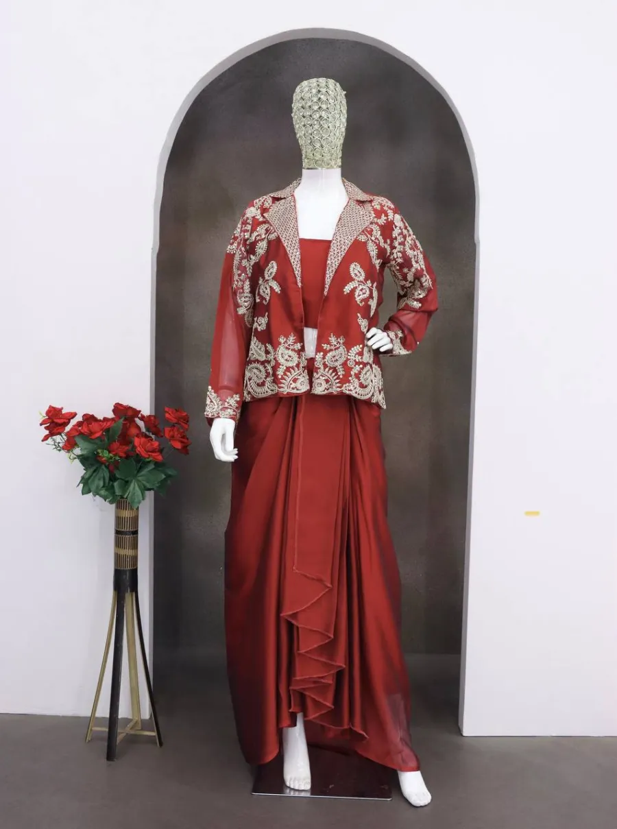 MODERN RANGOLI SILK PLAIN DRAPED SKIRT BLOUSE WITH EMBROIDERY MULTI THREAD SEQUENCE WORK KOTI PARTY WEAR WHOLESALE PRICE ETHNIC GARMENT (5)