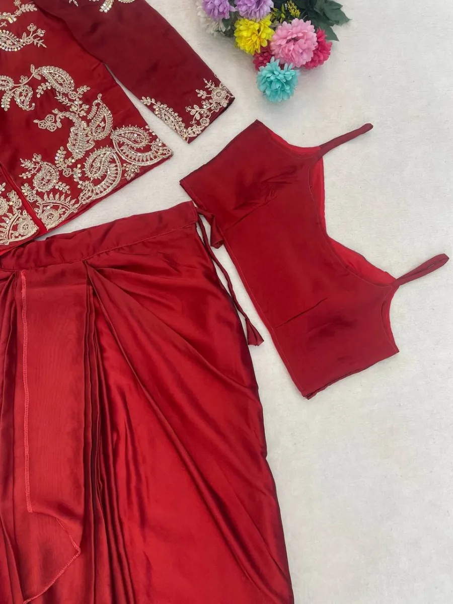 MODERN RANGOLI SILK PLAIN DRAPED SKIRT BLOUSE WITH EMBROIDERY MULTI THREAD SEQUENCE WORK KOTI PARTY WEAR WHOLESALE PRICE ETHNIC GARMENT (6)