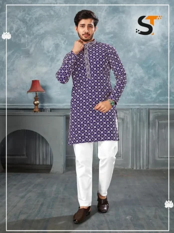 MODERN RAYON  CHIKAN WORK MEN'S KURTA PAYJAMA PURPLE